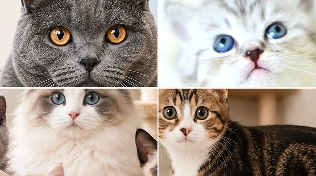 Farklı yaşlarda dört kedi: Chartreux, British Shorthair yavrusu, Ragdoll ve tekir desenli Manx
