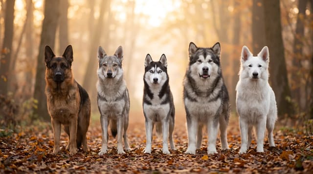 Sisli sonbahar ormanında yan yana duran Alman Çoban Köpeği, Çekoslovak Kurt Köpeği, Husky, Alaskan Malamute ve Beyaz İsviçre Çoban Köpeği